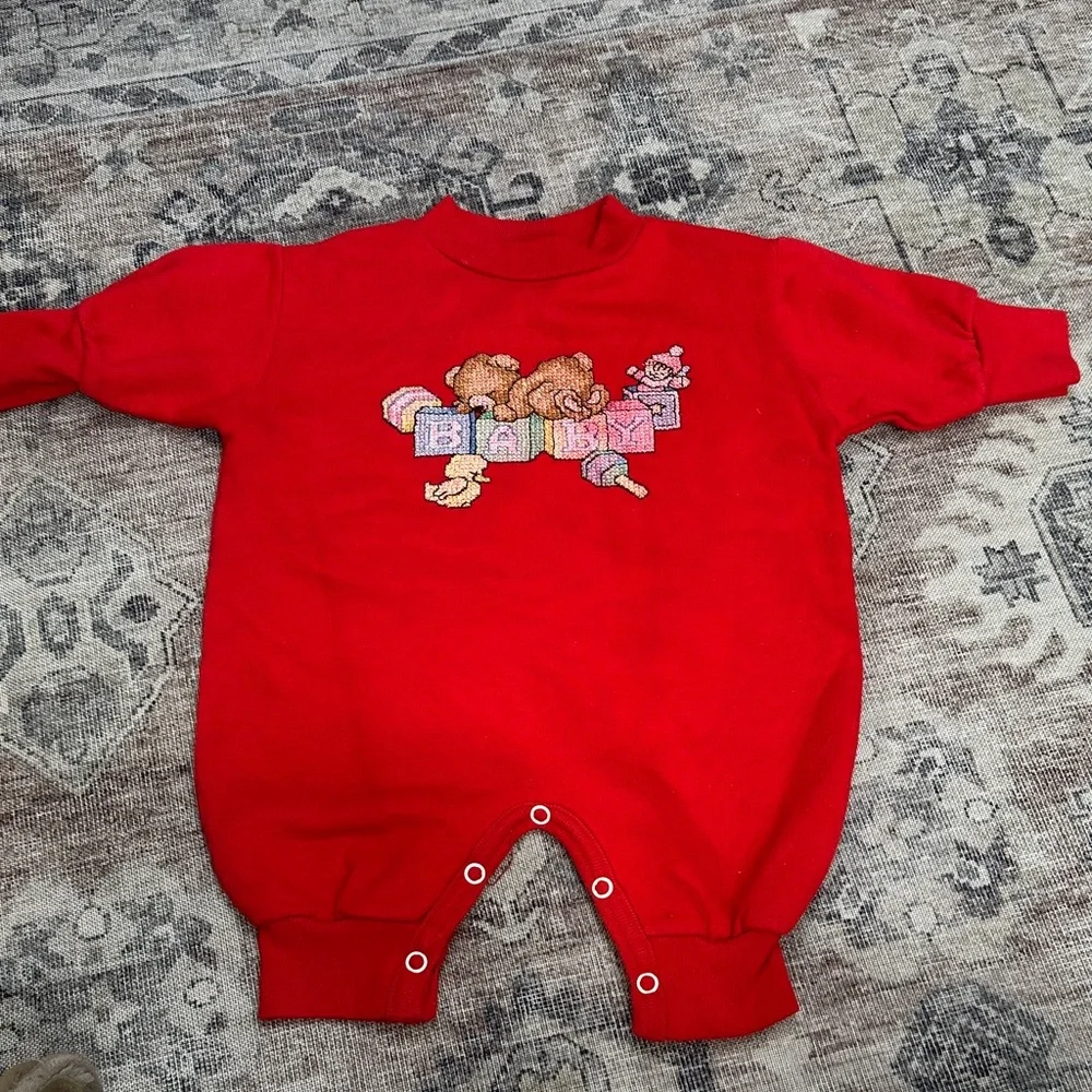 Vintage rabbit skins Red Baby One Piece cross stitch embroidered fleece onesie 6